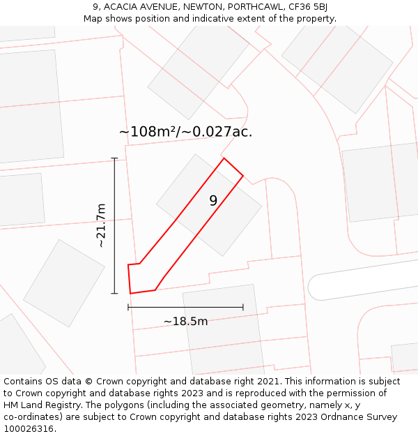 9, ACACIA AVENUE, NEWTON, PORTHCAWL, CF36 5BJ: Plot and title map