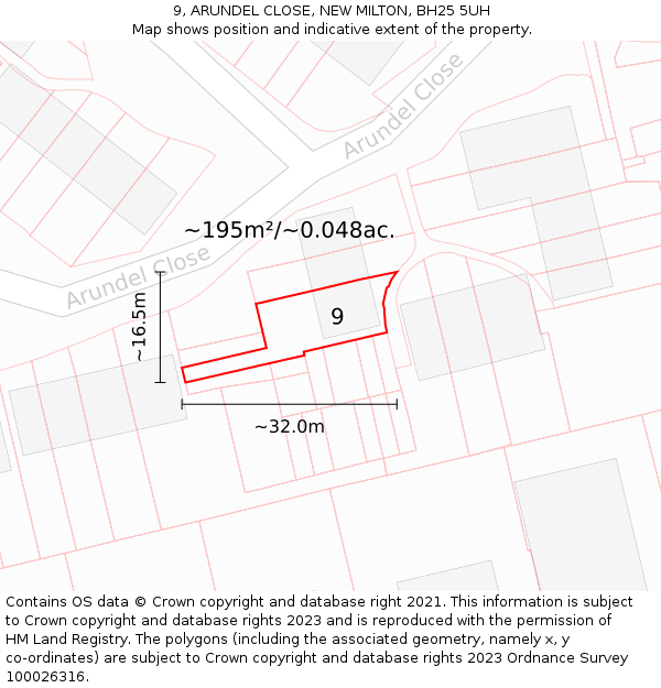 9, ARUNDEL CLOSE, NEW MILTON, BH25 5UH: Plot and title map