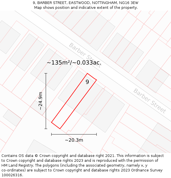 9, BARBER STREET, EASTWOOD, NOTTINGHAM, NG16 3EW: Plot and title map