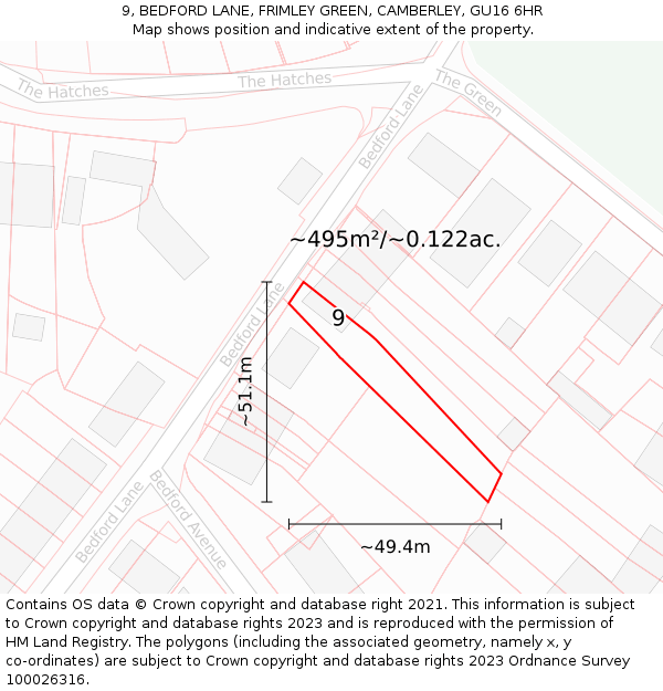 9, BEDFORD LANE, FRIMLEY GREEN, CAMBERLEY, GU16 6HR: Plot and title map