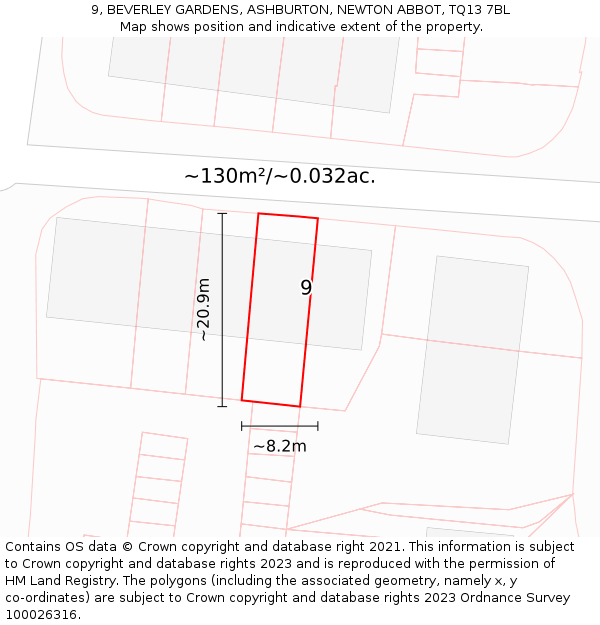 9, BEVERLEY GARDENS, ASHBURTON, NEWTON ABBOT, TQ13 7BL: Plot and title map