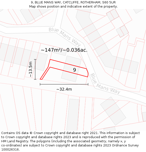 9, BLUE MANS WAY, CATCLIFFE, ROTHERHAM, S60 5UR: Plot and title map