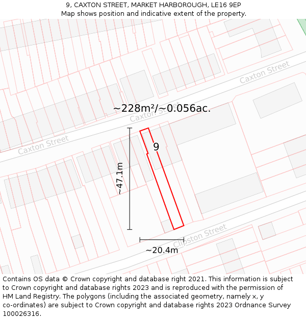 9, CAXTON STREET, MARKET HARBOROUGH, LE16 9EP: Plot and title map