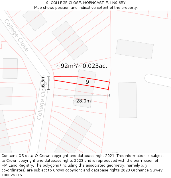 9, COLLEGE CLOSE, HORNCASTLE, LN9 6BY: Plot and title map
