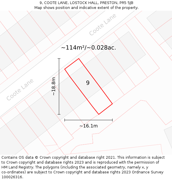 9, COOTE LANE, LOSTOCK HALL, PRESTON, PR5 5JB: Plot and title map