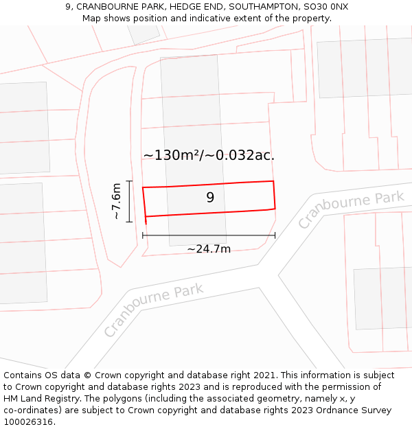 9, CRANBOURNE PARK, HEDGE END, SOUTHAMPTON, SO30 0NX: Plot and title map