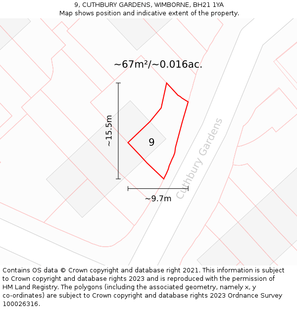 9, CUTHBURY GARDENS, WIMBORNE, BH21 1YA: Plot and title map