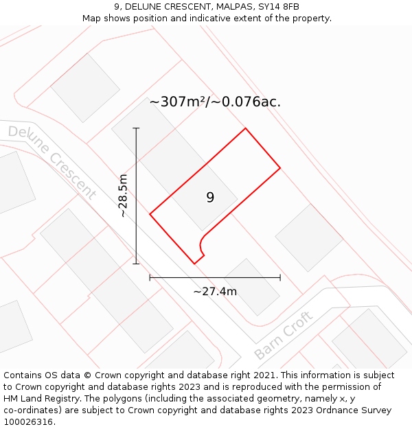 9, DELUNE CRESCENT, MALPAS, SY14 8FB: Plot and title map