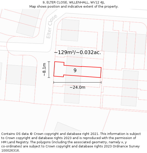9, ELTER CLOSE, WILLENHALL, WV12 4JL: Plot and title map