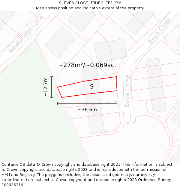 9, EVEA CLOSE, TRURO, TR1 3XA: Plot and title map