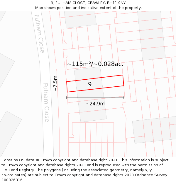 9, FULHAM CLOSE, CRAWLEY, RH11 9NY: Plot and title map