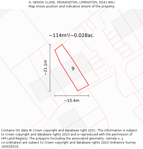 9, GENOA CLOSE, PENNINGTON, LYMINGTON, SO41 8AU: Plot and title map