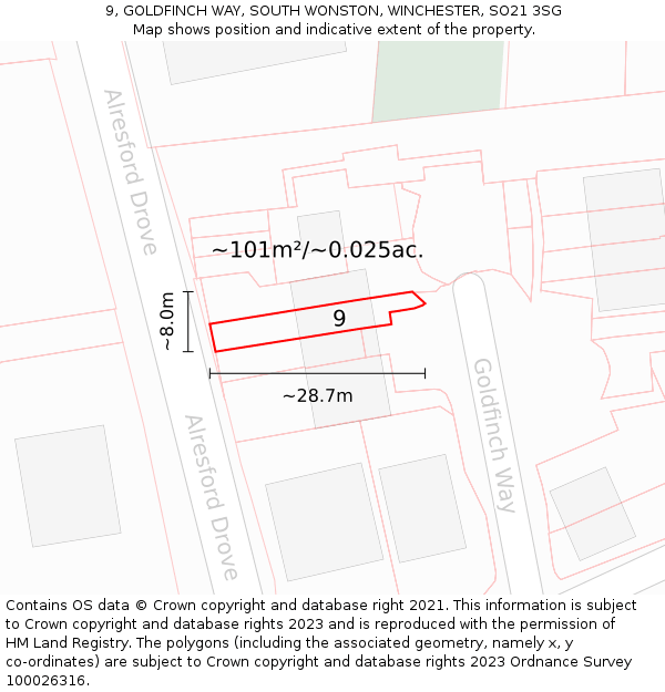 9, GOLDFINCH WAY, SOUTH WONSTON, WINCHESTER, SO21 3SG: Plot and title map