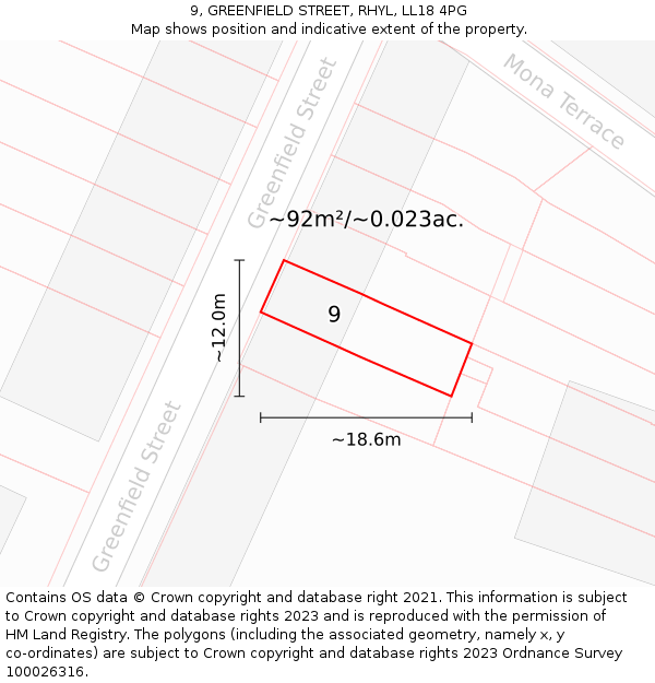 9, GREENFIELD STREET, RHYL, LL18 4PG: Plot and title map