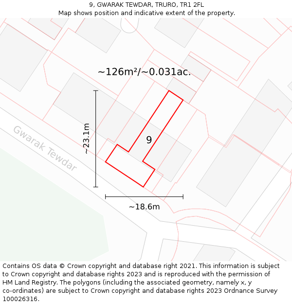 9, GWARAK TEWDAR, TRURO, TR1 2FL: Plot and title map