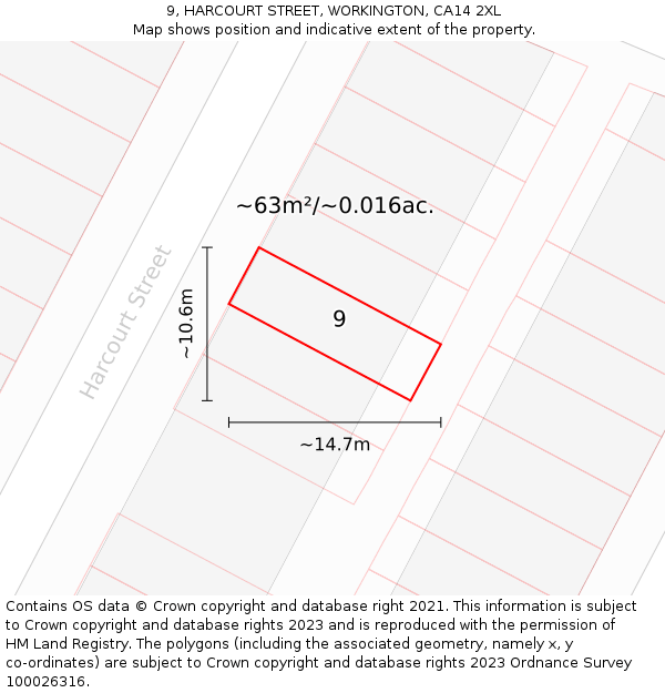 9, HARCOURT STREET, WORKINGTON, CA14 2XL: Plot and title map