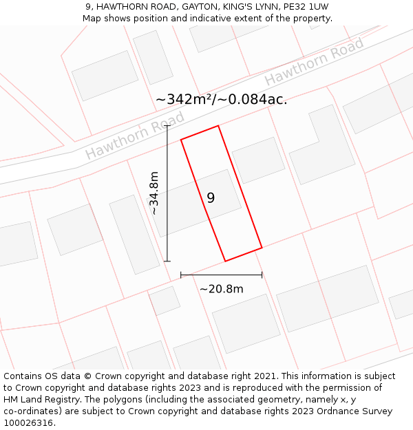 9, HAWTHORN ROAD, GAYTON, KING'S LYNN, PE32 1UW: Plot and title map