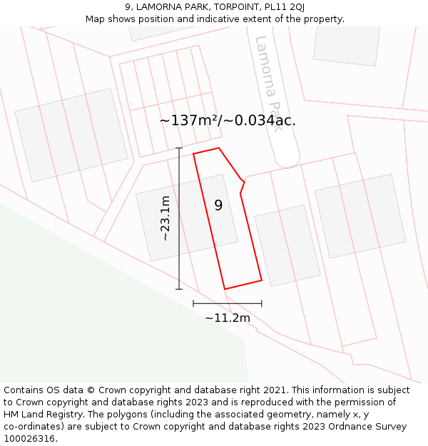 9, LAMORNA PARK, TORPOINT, PL11 2QJ: Plot and title map
