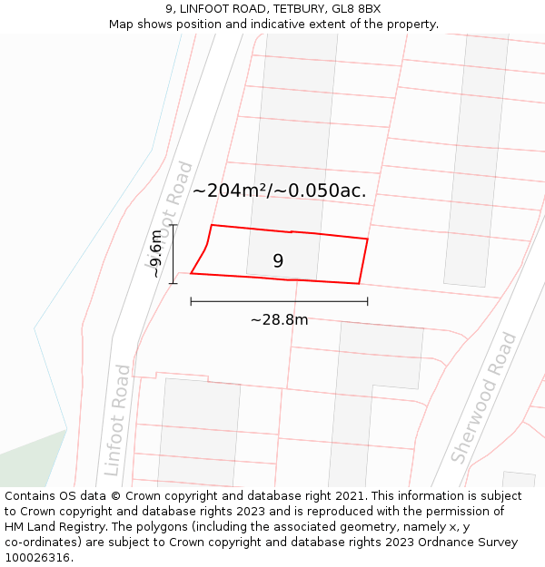 9, LINFOOT ROAD, TETBURY, GL8 8BX: Plot and title map