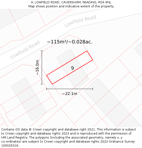9, LOWFIELD ROAD, CAVERSHAM, READING, RG4 6NL: Plot and title map