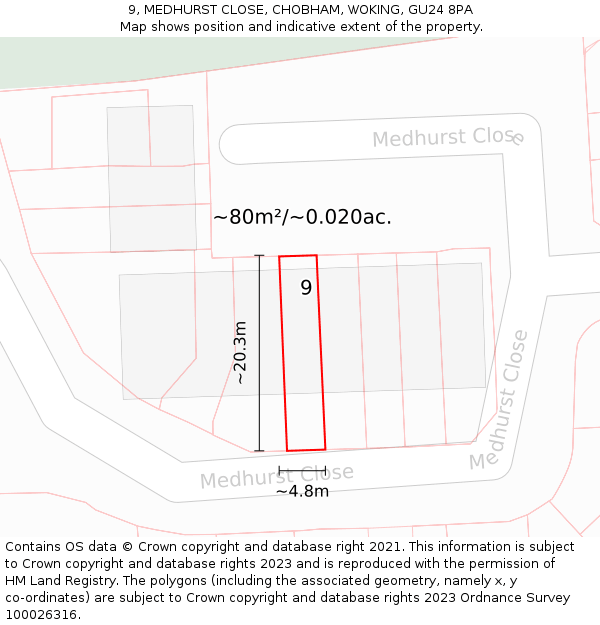 9, MEDHURST CLOSE, CHOBHAM, WOKING, GU24 8PA: Plot and title map