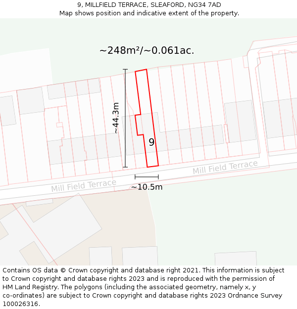 9, MILLFIELD TERRACE, SLEAFORD, NG34 7AD: Plot and title map