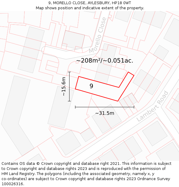 9, MORELLO CLOSE, AYLESBURY, HP18 0WT: Plot and title map