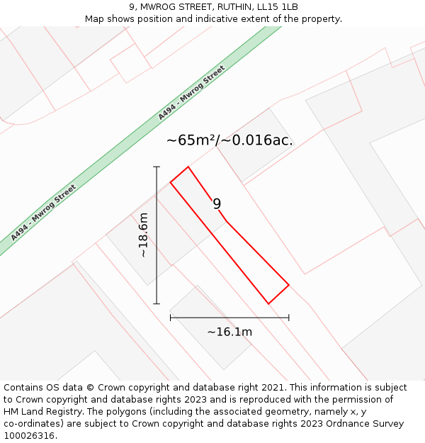 9, MWROG STREET, RUTHIN, LL15 1LB: Plot and title map