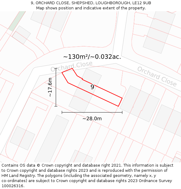 9, ORCHARD CLOSE, SHEPSHED, LOUGHBOROUGH, LE12 9UB: Plot and title map