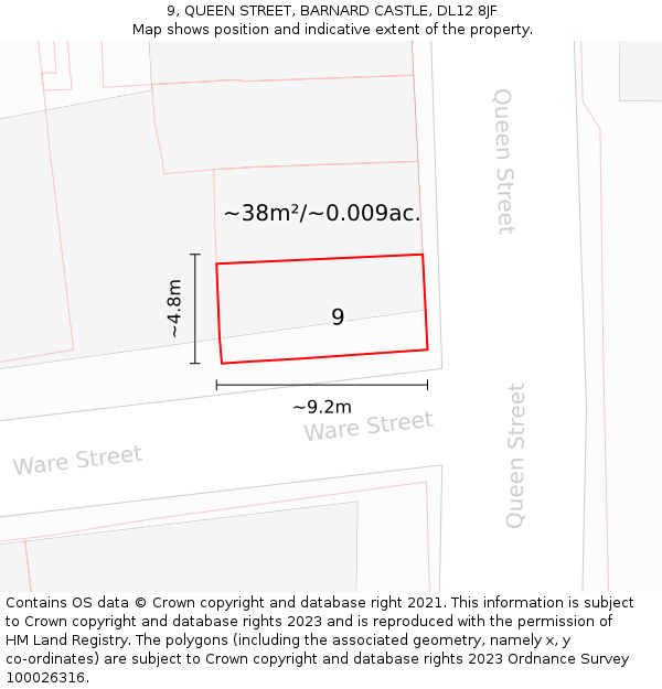 9, QUEEN STREET, BARNARD CASTLE, DL12 8JF: Plot and title map