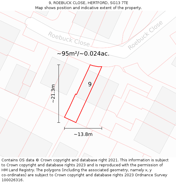 9, ROEBUCK CLOSE, HERTFORD, SG13 7TE: Plot and title map