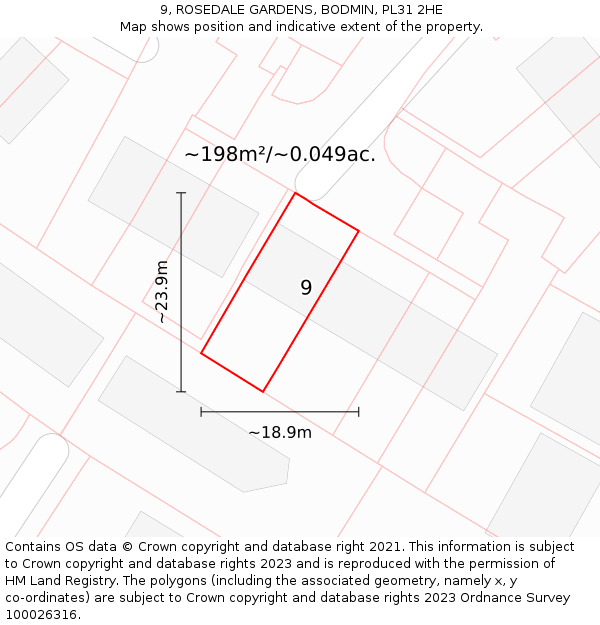 9, ROSEDALE GARDENS, BODMIN, PL31 2HE: Plot and title map