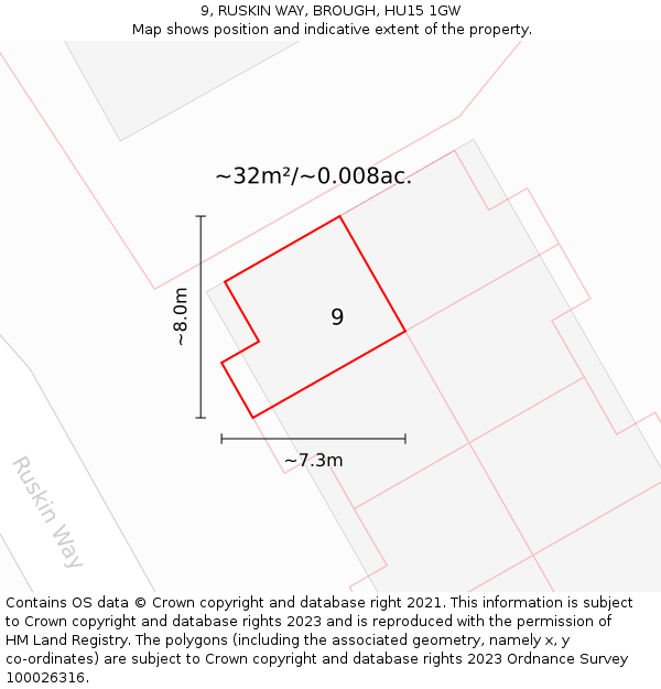 9, RUSKIN WAY, BROUGH, HU15 1GW: Plot and title map