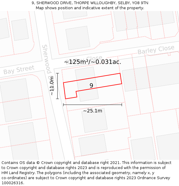 9, SHERWOOD DRIVE, THORPE WILLOUGHBY, SELBY, YO8 9TN: Plot and title map