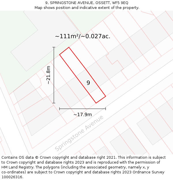 9, SPRINGSTONE AVENUE, OSSETT, WF5 9EQ: Plot and title map