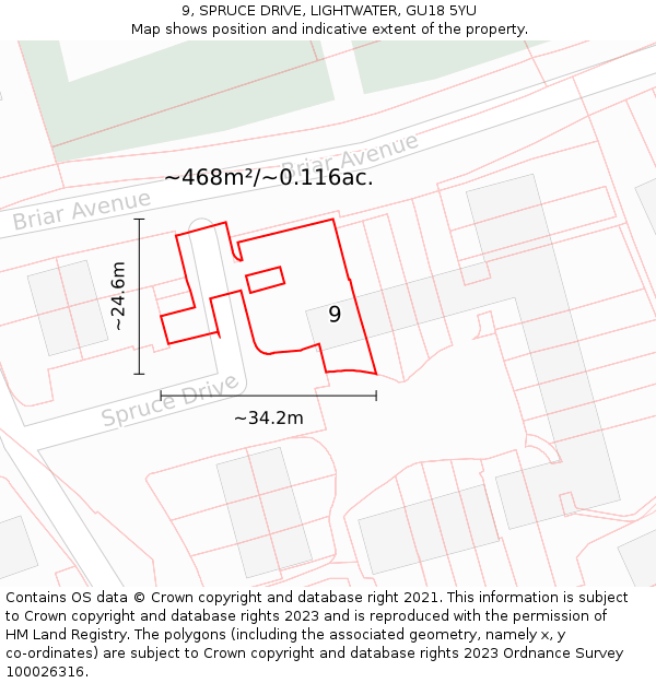 9, SPRUCE DRIVE, LIGHTWATER, GU18 5YU: Plot and title map