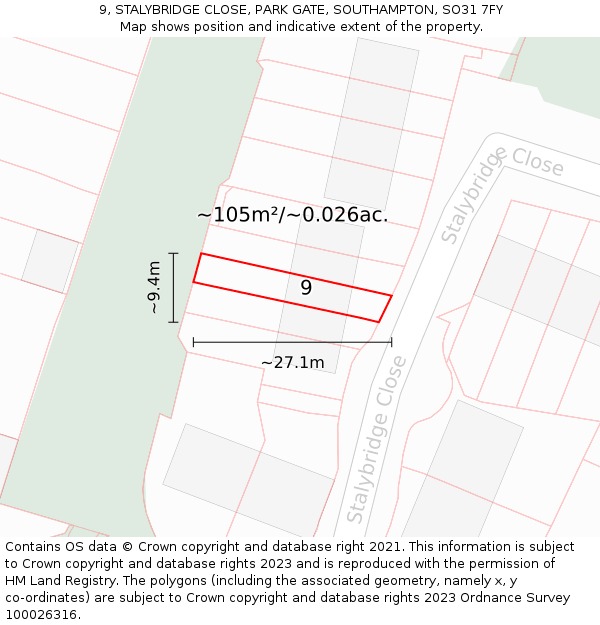 9, STALYBRIDGE CLOSE, PARK GATE, SOUTHAMPTON, SO31 7FY: Plot and title map