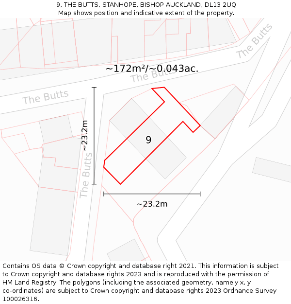 9, THE BUTTS, STANHOPE, BISHOP AUCKLAND, DL13 2UQ: Plot and title map