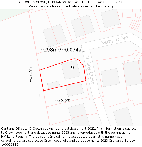 9, TROLLEY CLOSE, HUSBANDS BOSWORTH, LUTTERWORTH, LE17 6RF: Plot and title map