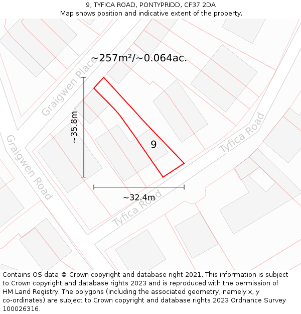 9, TYFICA ROAD, PONTYPRIDD, CF37 2DA: Plot and title map