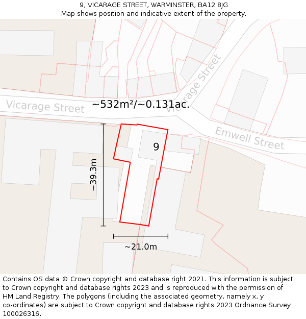 9, VICARAGE STREET, WARMINSTER, BA12 8JG: Plot and title map