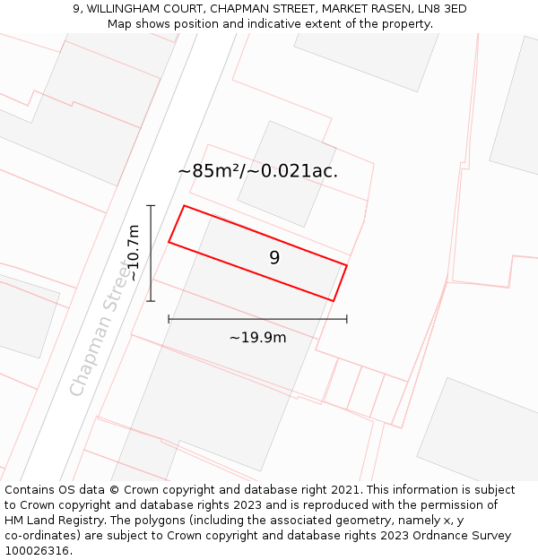 9, WILLINGHAM COURT, CHAPMAN STREET, MARKET RASEN, LN8 3ED: Plot and title map