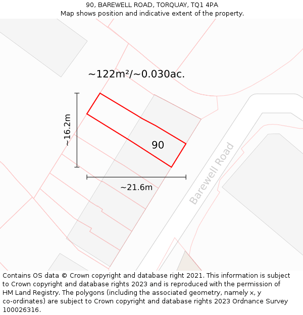 90, BAREWELL ROAD, TORQUAY, TQ1 4PA: Plot and title map