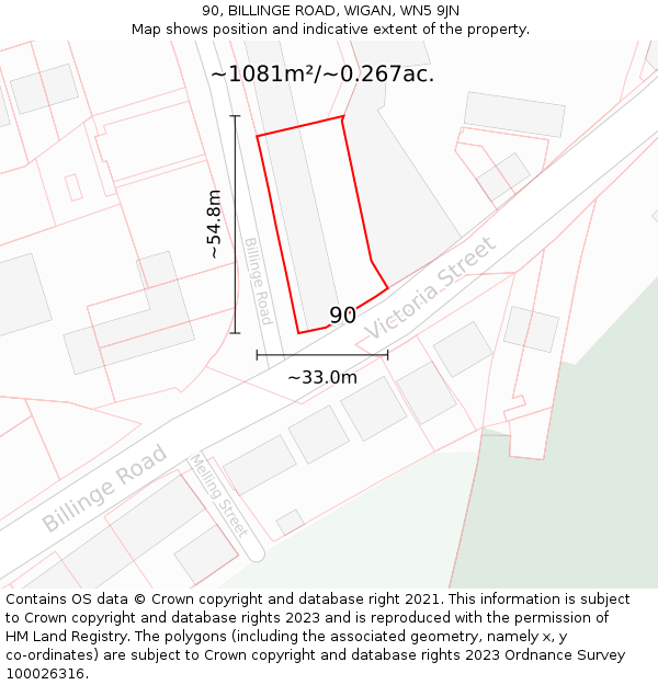 90, BILLINGE ROAD, WIGAN, WN5 9JN: Plot and title map