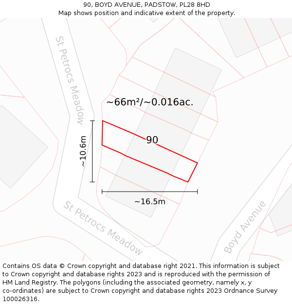 90, BOYD AVENUE, PADSTOW, PL28 8HD: Plot and title map