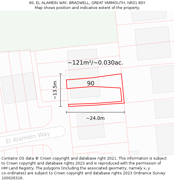 90, EL ALAMEIN WAY, BRADWELL, GREAT YARMOUTH, NR31 8SY: Plot and title map