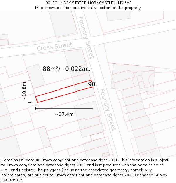 90, FOUNDRY STREET, HORNCASTLE, LN9 6AF: Plot and title map