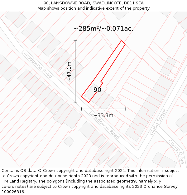 90, LANSDOWNE ROAD, SWADLINCOTE, DE11 9EA: Plot and title map