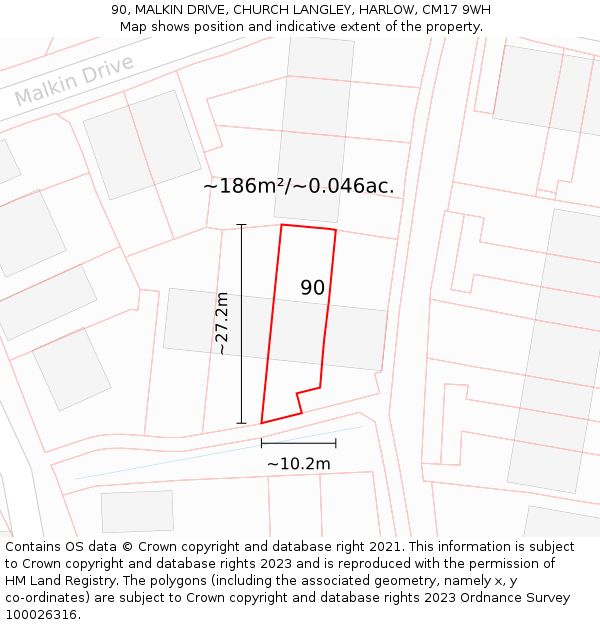 90, MALKIN DRIVE, CHURCH LANGLEY, HARLOW, CM17 9WH: Plot and title map