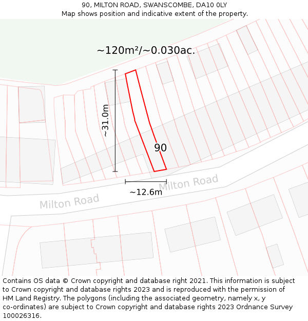 90, MILTON ROAD, SWANSCOMBE, DA10 0LY: Plot and title map